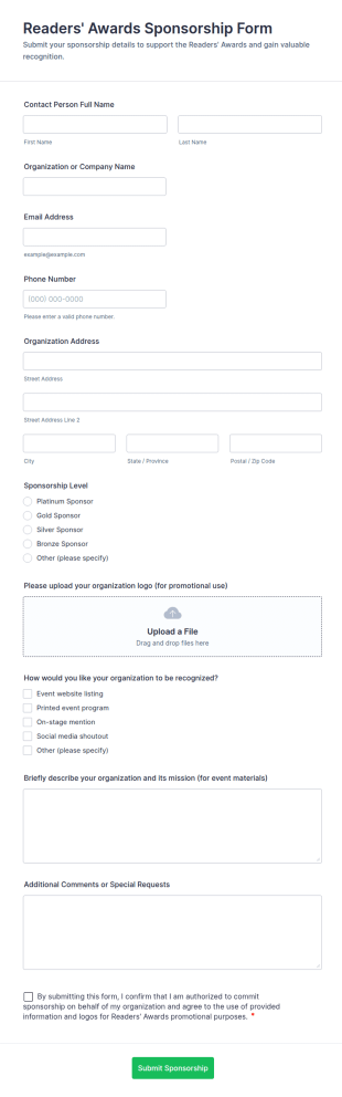 Readers' Awards Sponsorship Form Template