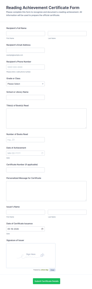 Reading Achievement Certificate Form Template