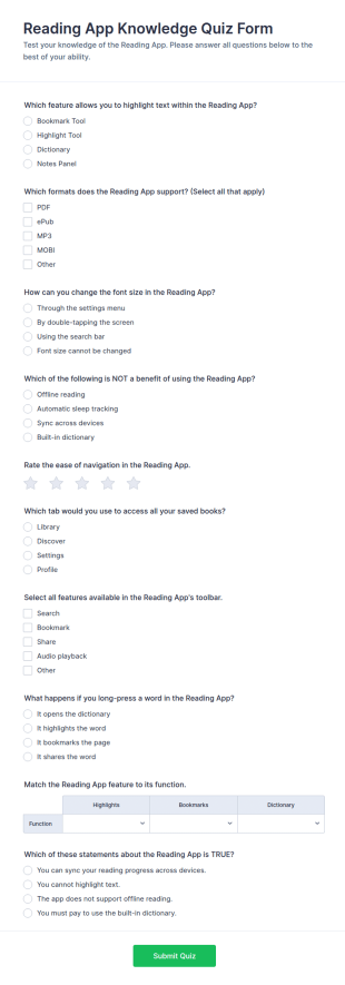 Reading App Knowledge Quiz Form Template