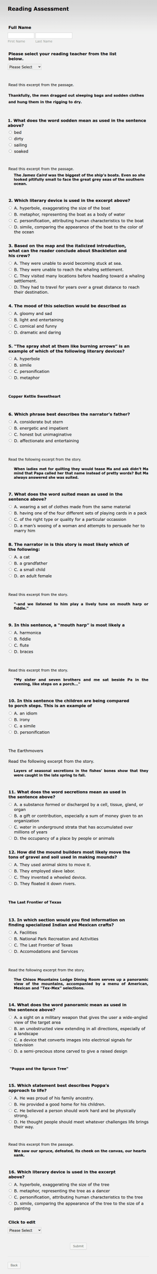 Reading Assessment Form Template