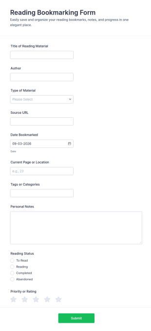 Reading Bookmarking Form Template