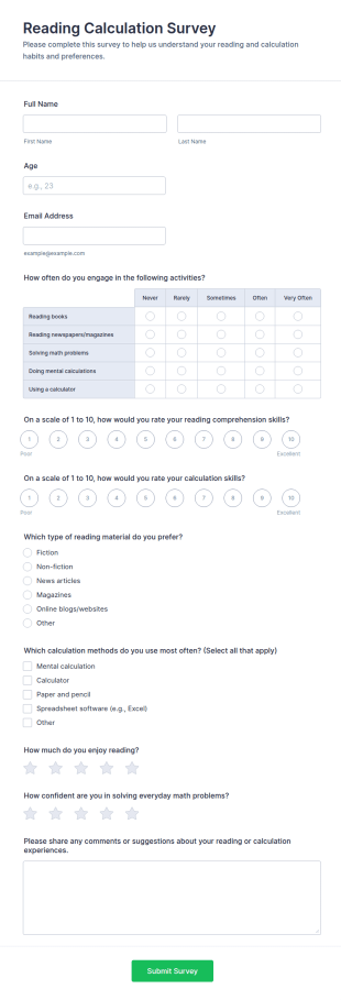 Reading Calculation Survey Form Template