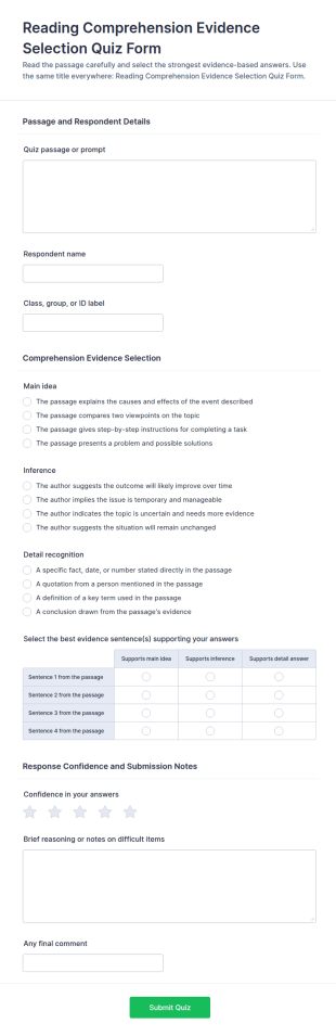 Reading Comprehension Evidence Selection Form Template