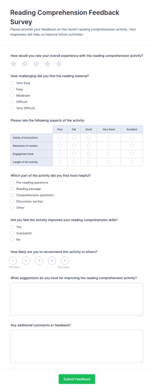 Reading Comprehension Feedback Survey Form Template