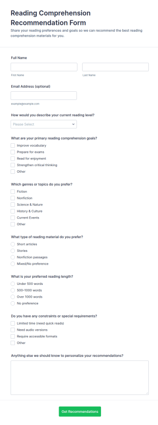 Reading Comprehension Recommendation Form Template