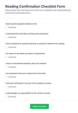 Reading Confirmation Checklist Form Template