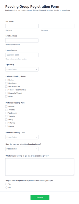 Reading Group Registration Form Template