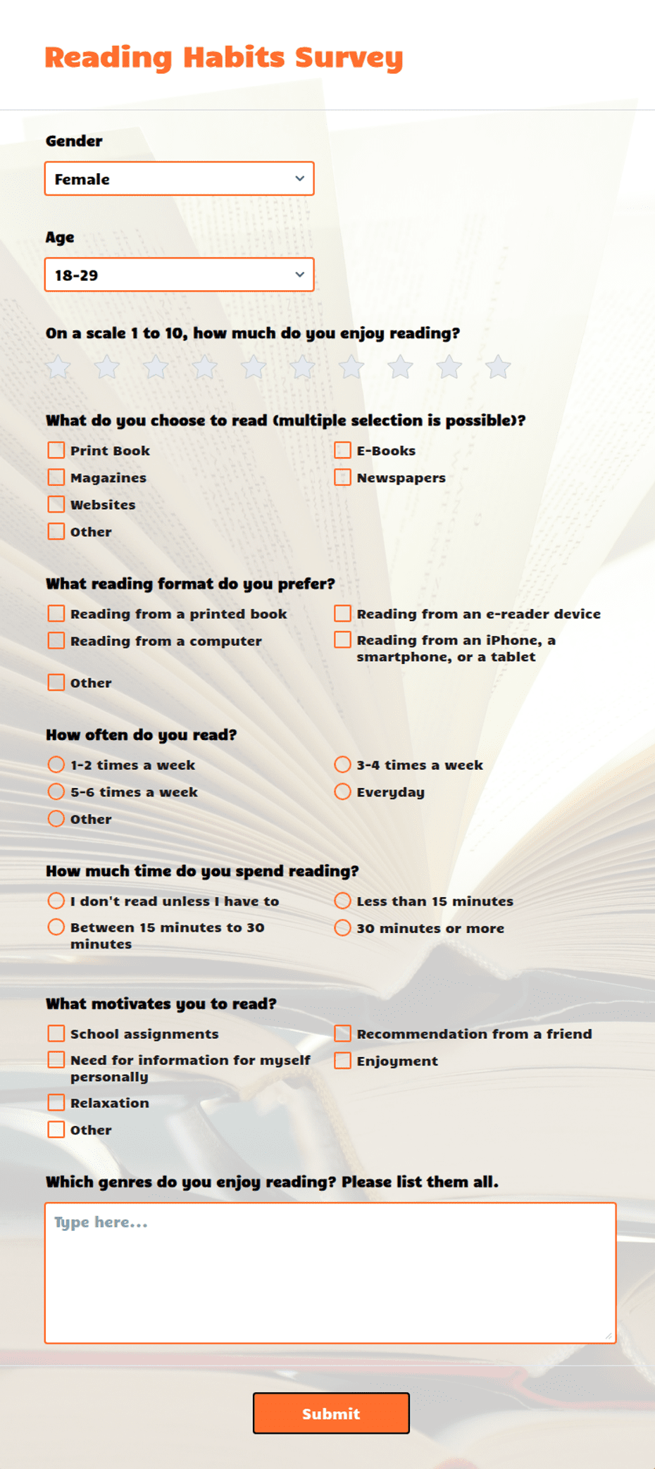 Readability Questionnaire Reading Habits Survey Form Template | Jotform