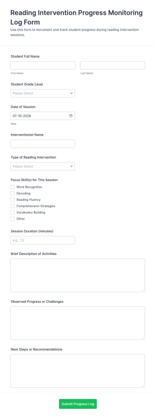 Reading Intervention Progress Monitoring Log Form Template
