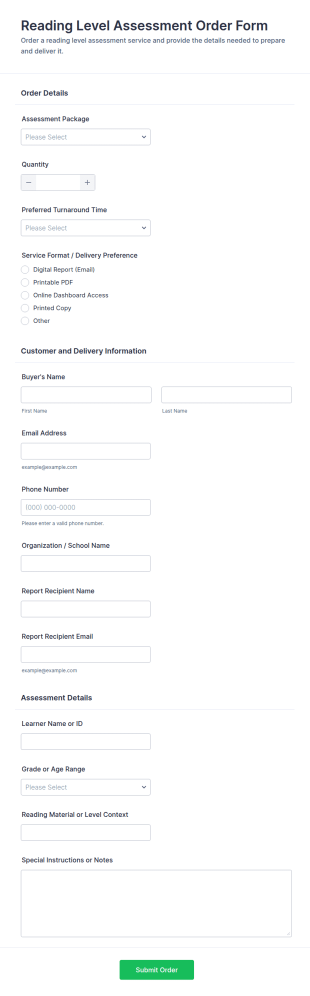 Reading Level Assessment Order Form Template