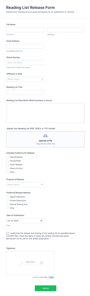 Reading List Release Form Template