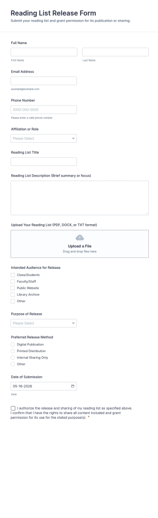 Reading List Release Form Template