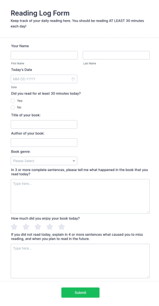 Reading Log Form Template