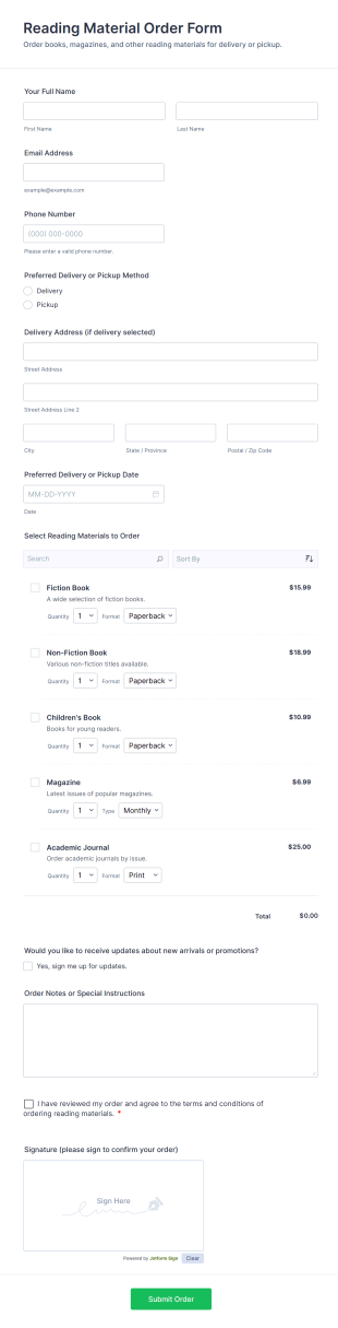 Reading Material Order Form Template