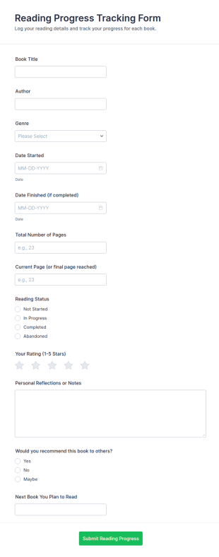 Reading Progress Tracking Form Template