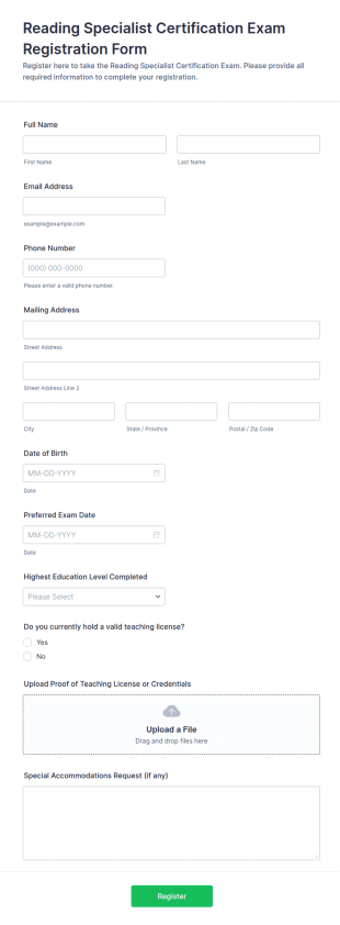 Reading Specialist Certification Exam Registration Form Template