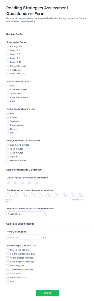 Reading Strategies Assessment Questionnaire Form Template