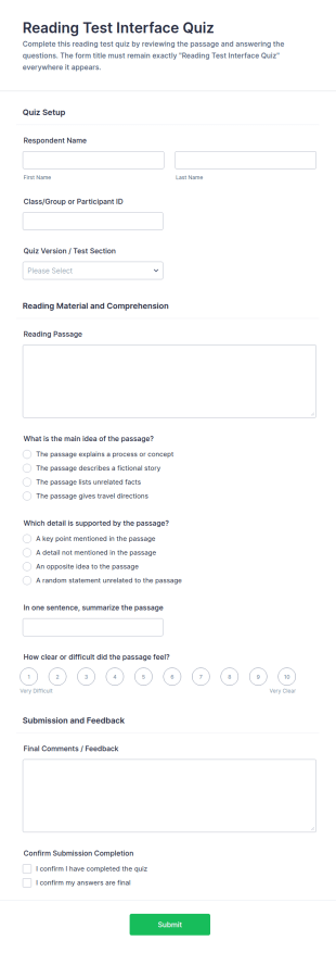 Reading Test Interface Quiz Form Template
