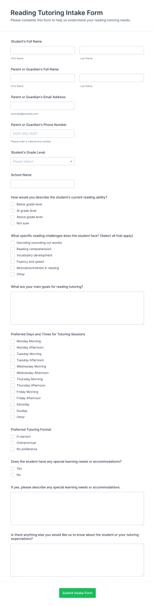 Reading Tutoring Intake Form Template
