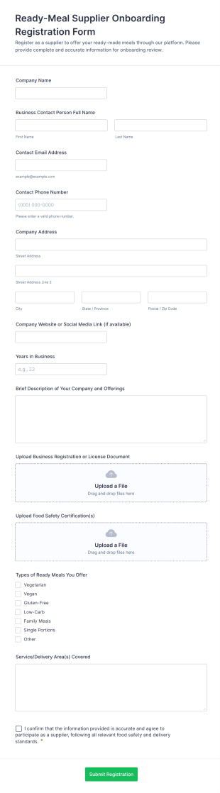 Ready Meal Supplier Onboarding Registration Form Template