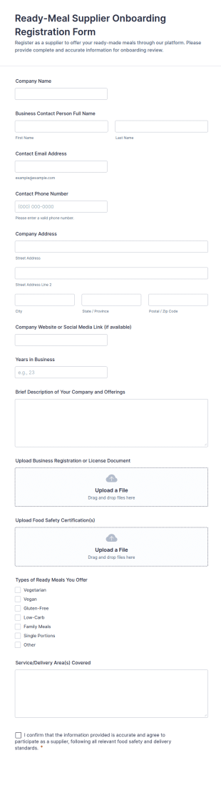 Ready Meal Supplier Onboarding Registration Form Template