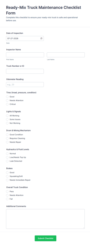Ready Mix Truck Maintenance Checklist Form Template