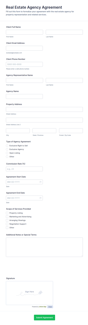 Real Estate Agency Agreement Form Template