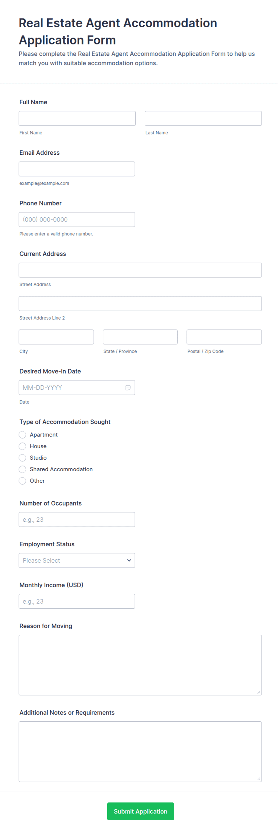 Real Estate Agent Accommodation Application Form Template | Jotform