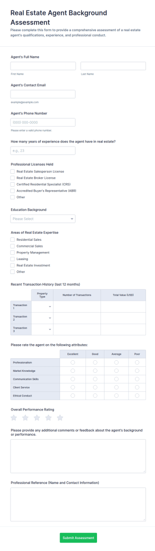Real Estate Agent Background Assessment Form Template