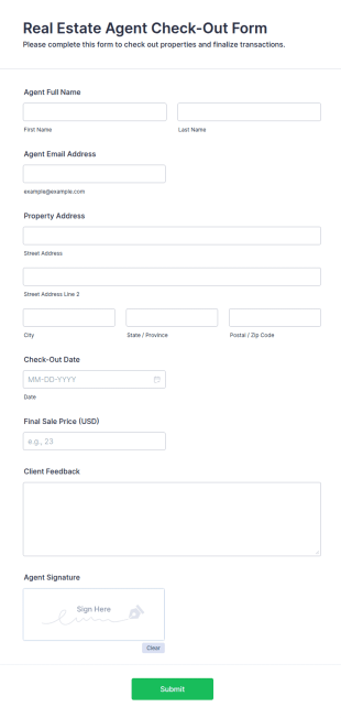 Real Estate Agent Check Out Form Template