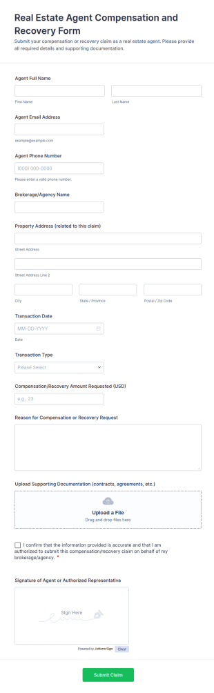 Real Estate Agent Compensation And Recovery Form Template