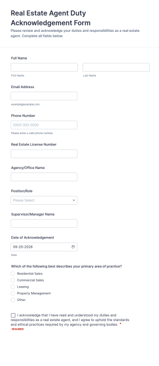 Real Estate Agent Duty Acknowledgement Form Template