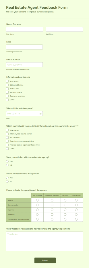 Real Estate Agent Feedback Form Template