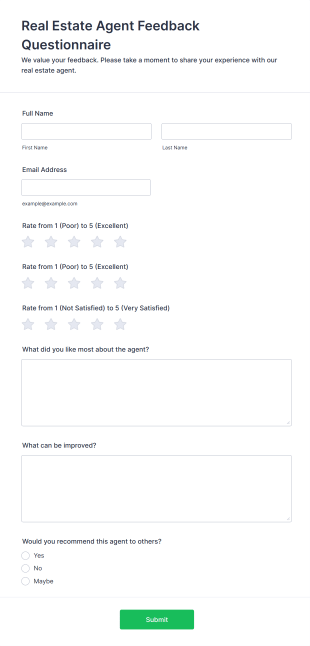 Real Estate Agent Feedback Questionnaire Form Template