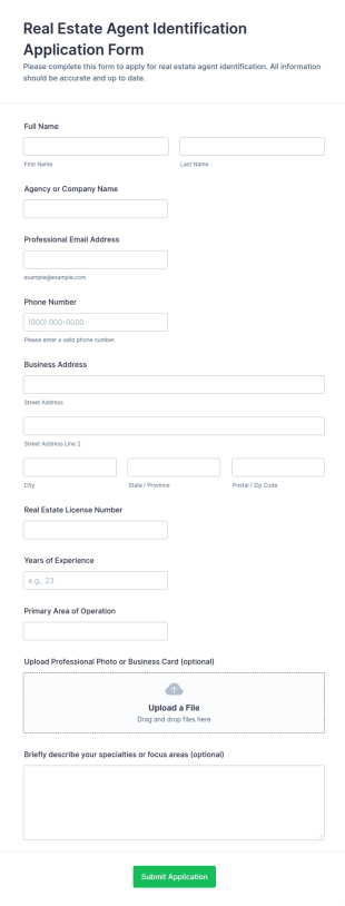 Real Estate Agent Identification Application Form Template