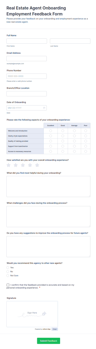 Real Estate Agent Onboarding Employment Feedback Form Template