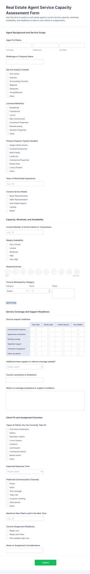 Real Estate Agent Service Capacity Assessment Form Template