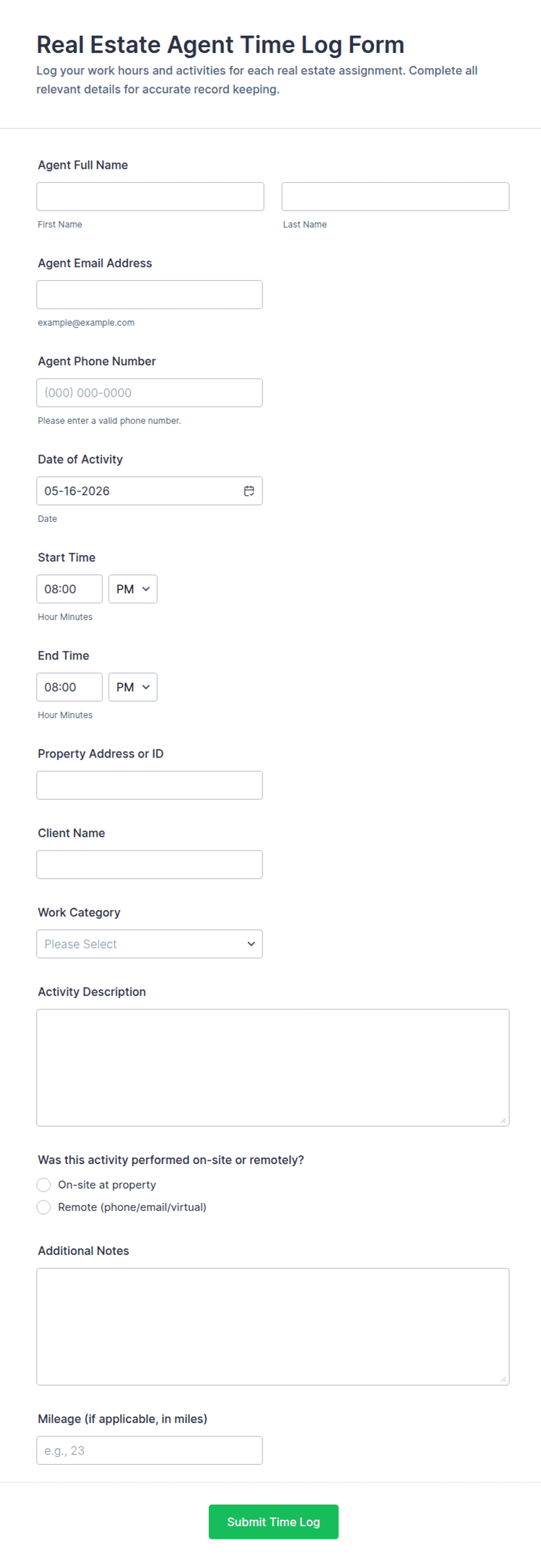 Real Estate Agent Time Log Form Template | Jotform