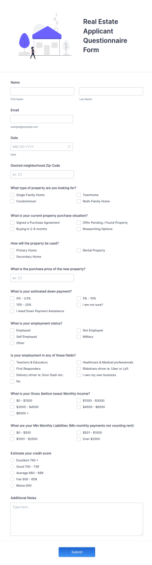 Real Estate Applicant Questionnaire Form Template