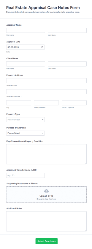 Real Estate Appraisal Case Notes Form Template