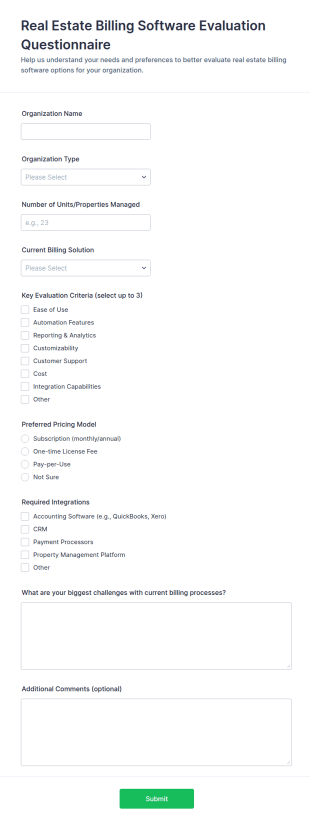 Real Estate Billing Software Evaluation Questionnaire Form Template