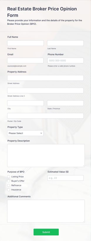 Real Estate Broker Price Opinion Form Template