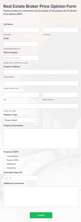 Real Estate Broker Price Opinion Form Template
