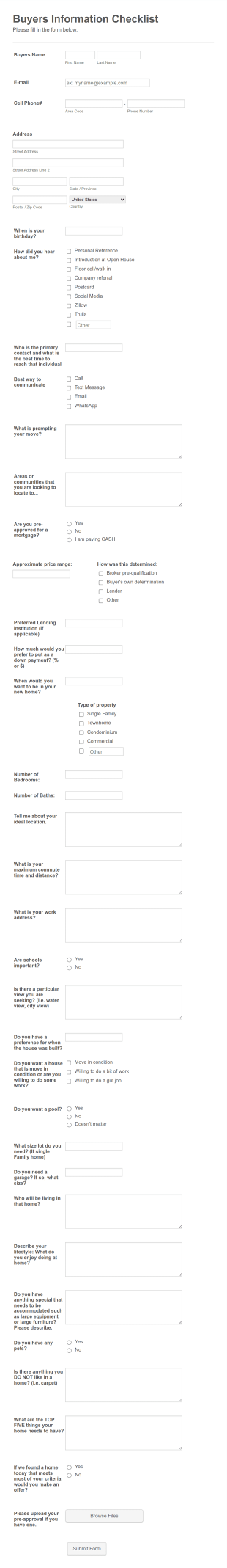 Real Estate Buyer Consultation Checklist Sarah Desamours Form Template