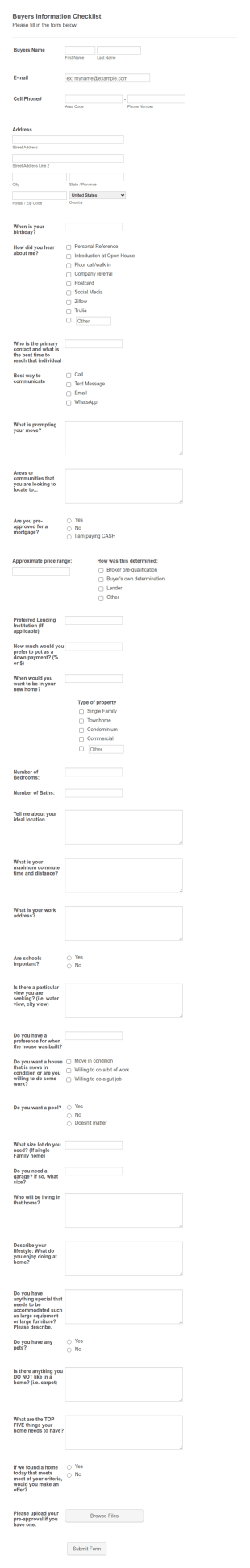Real Estate Buyer Consultation Checklist Sarah Desamours Form Template