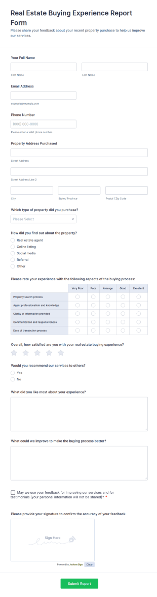 Real Estate Buying Experience Report Form Template