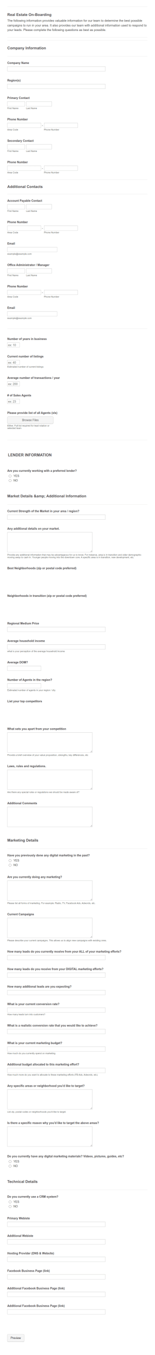 Real Estate Client On Boarding Form Template