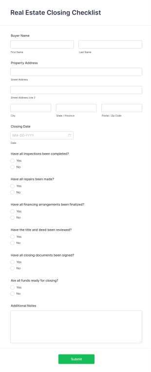 Real Estate Closing Checklist Form Template