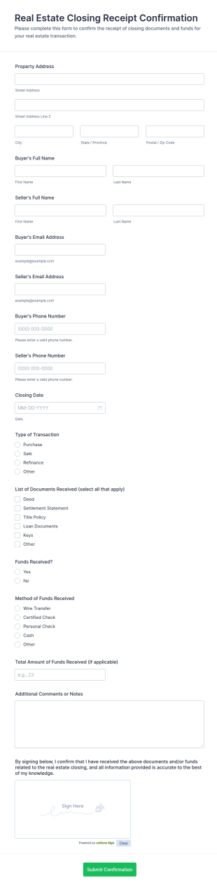Real Estate Closing Receipt Confirmation Form Template
