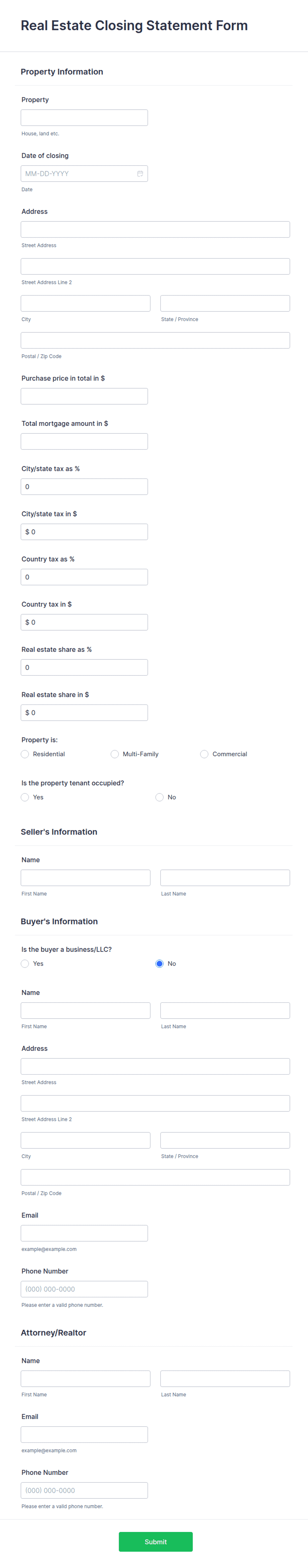 Real Estate Closing Statement Form Template | Jotform